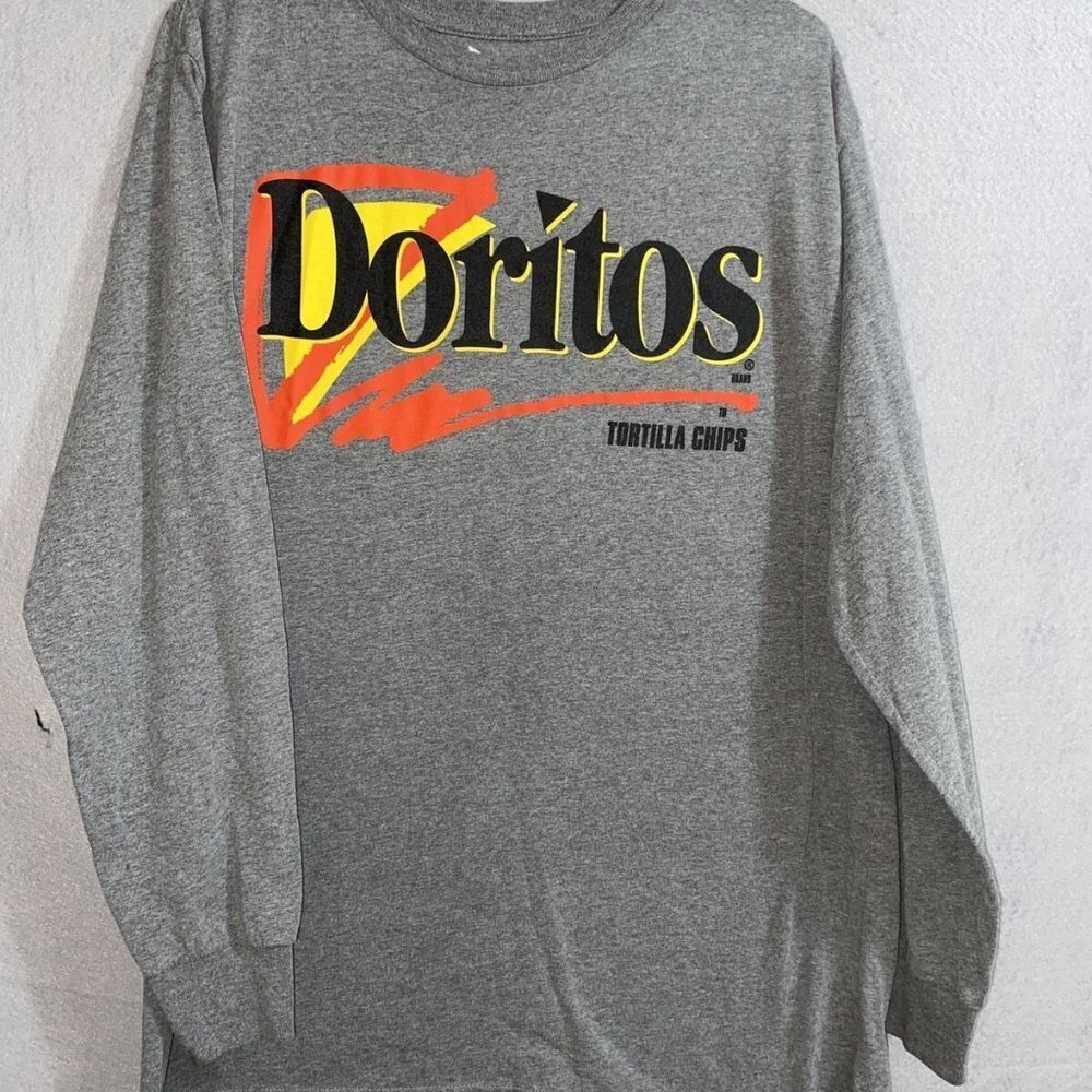 Doritos‎ Unisex Long Sleeve Logo Gray  Crew Neck Shirt Snack That Bites Back XL